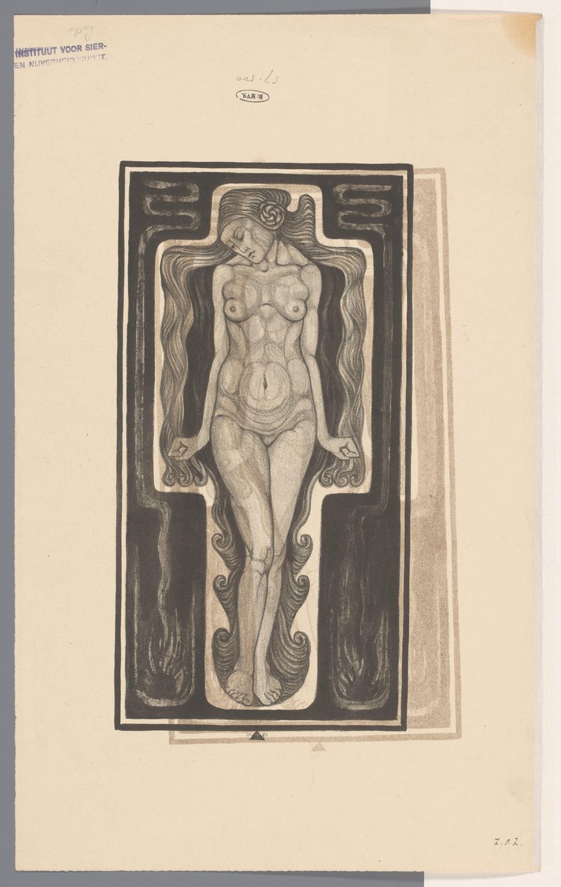 Femme nue debout avec de longs cheveux - Henk Schilling