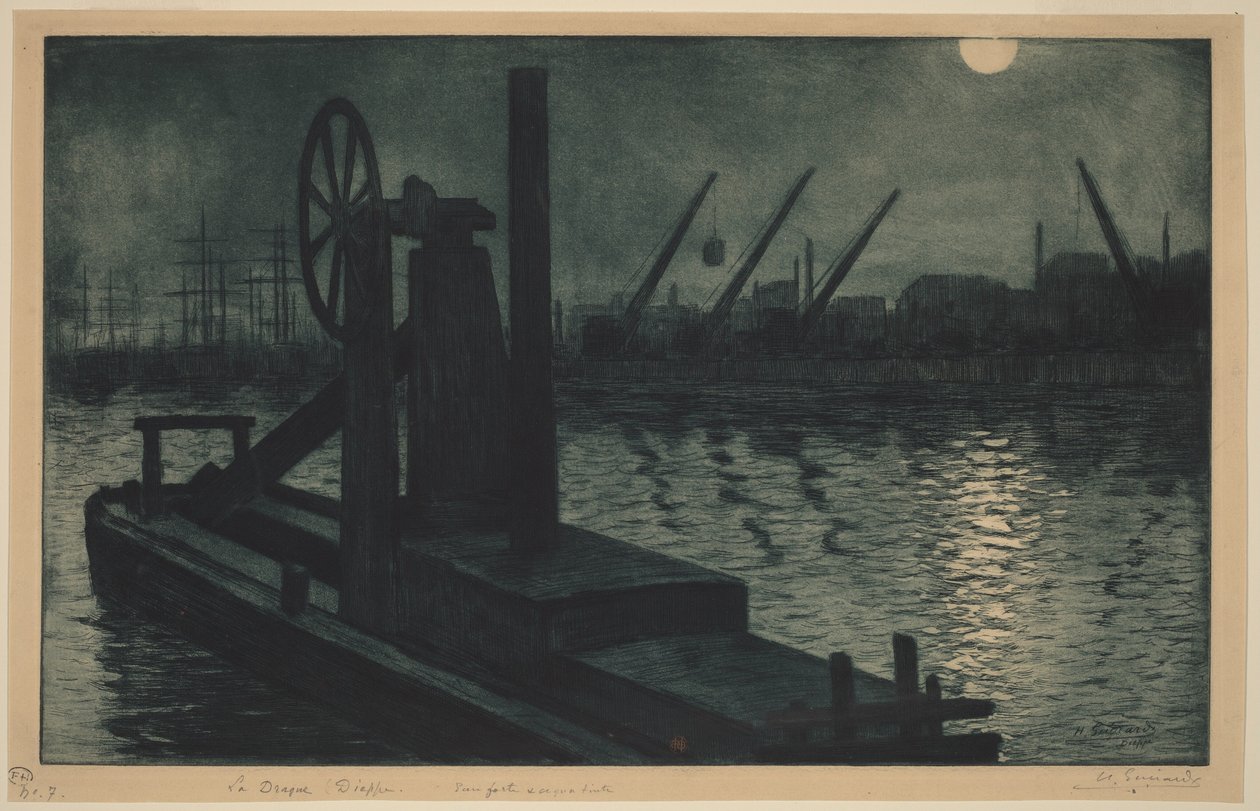 La drague de Dieppe, une drague dans le port de Dieppe au clair de lune - Henri-Charles Guérard