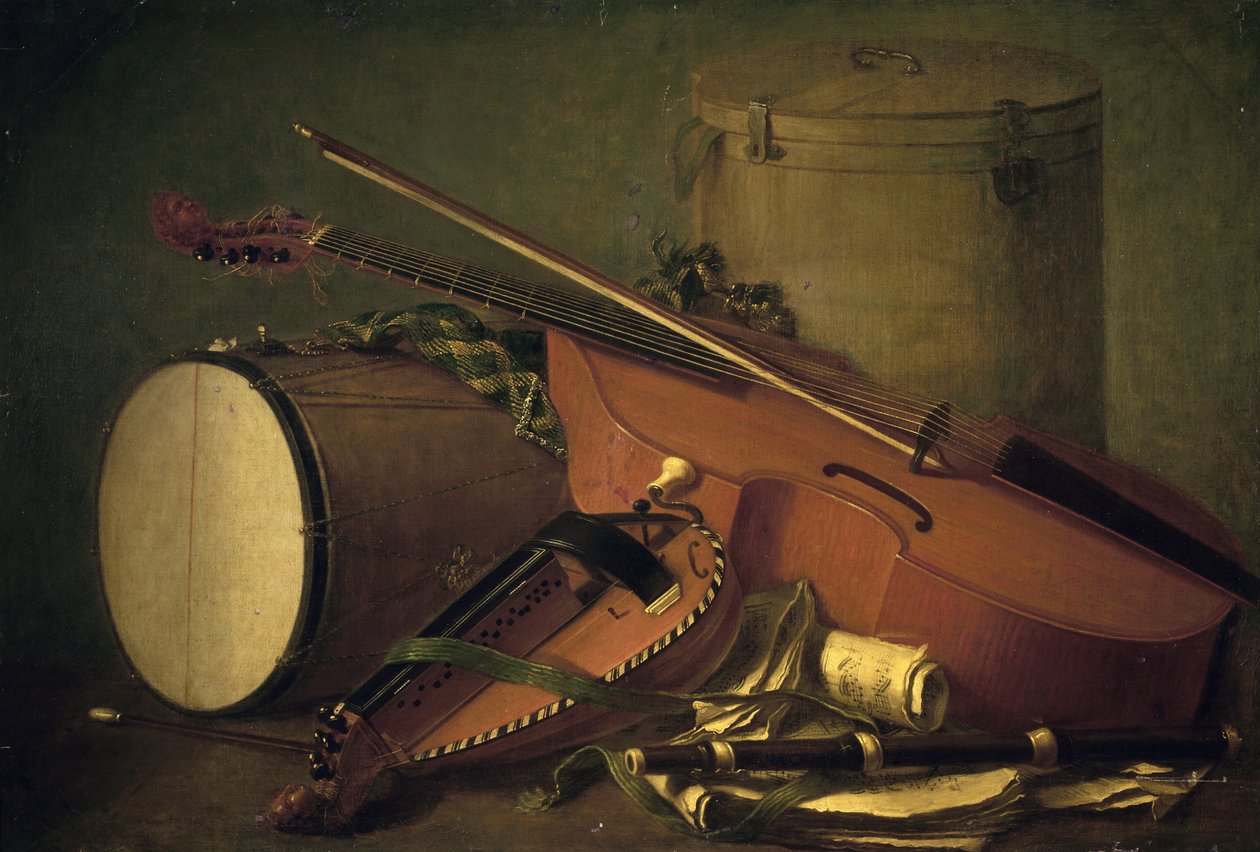 Instruments de musique, tambour, violon, flûte et vielle à roue, par Henri Horace Roland de la Porte (1724-1793). France - Henri Horace Roland Delaporte