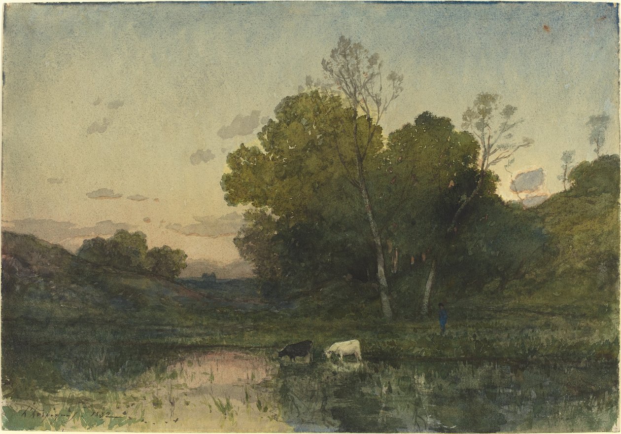 Lumière du soir sur un lac boisé avec des bovins buvant - Henri-Joseph Harpignies