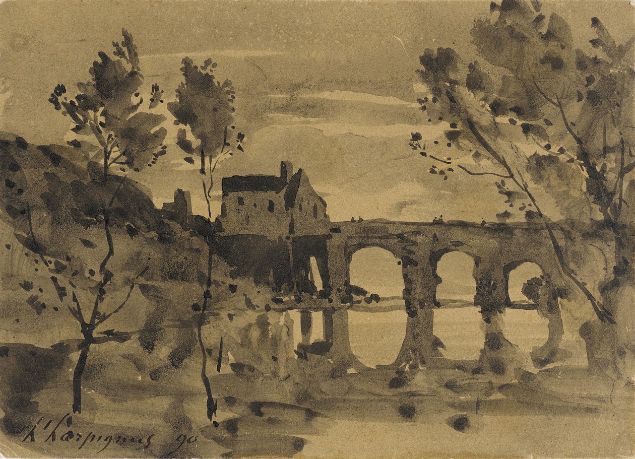 Paysage fluvial avec pont et maison - Henri-Joseph Harpignies