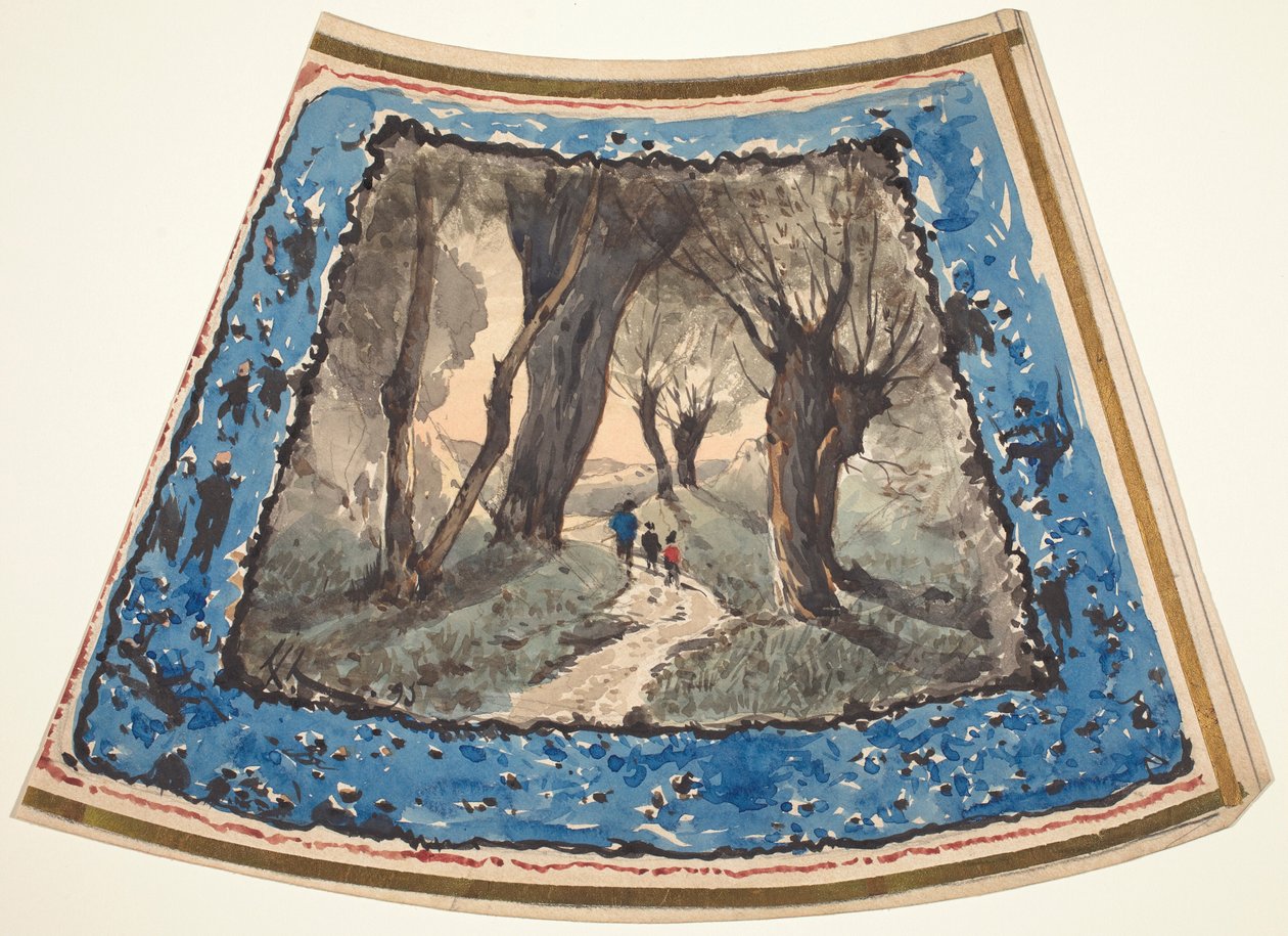 Des voyageurs sur un sentier boisé bordé de personnages fantaisistes et de singes - Henri-Joseph Harpignies