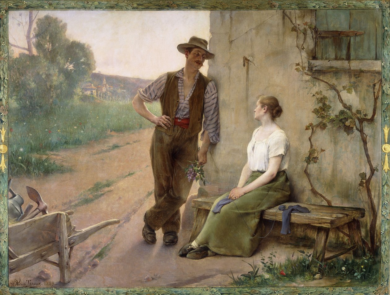 Couple de paysans dans une cour de ferme - Henri Adrien Tanoux