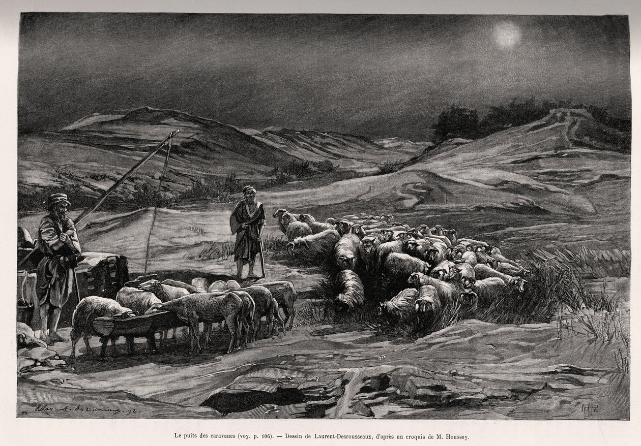 Le puits de la remorque. Gravure de Laurent Desrousseaux pour illustrer le récit À travers la Perse méridionale, par C.Babin et F.Houssay, en 1885, dans Le tour du Monde 1892, dirigé par Édouard Charton (1807-1891), Hachette, Paris. - Henri Alphonse Louis Laurent Desrousseaux
