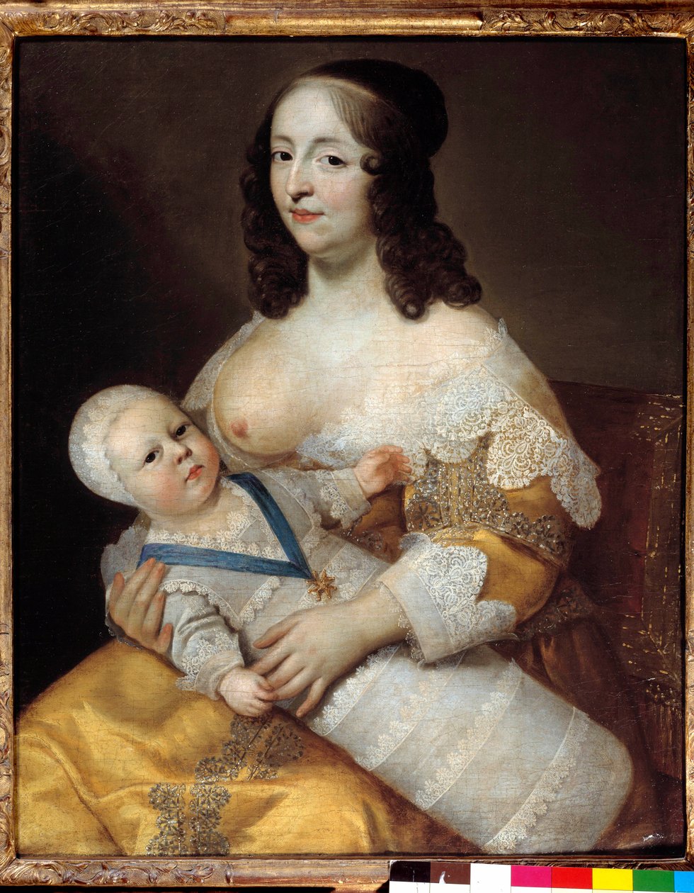 Représentation du futur roi Louis XIV (1638-1715) bébé, en maillot de bain dans les bras de sa nourrice Marie de Longuet de la Giraudière - Henri Beaubrun