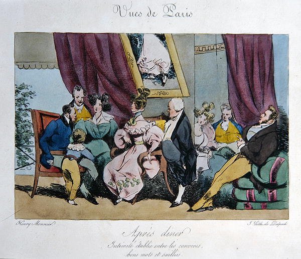 Représentation humoristique du comportement et de la conversation des invités après le dîner, caricature pour 