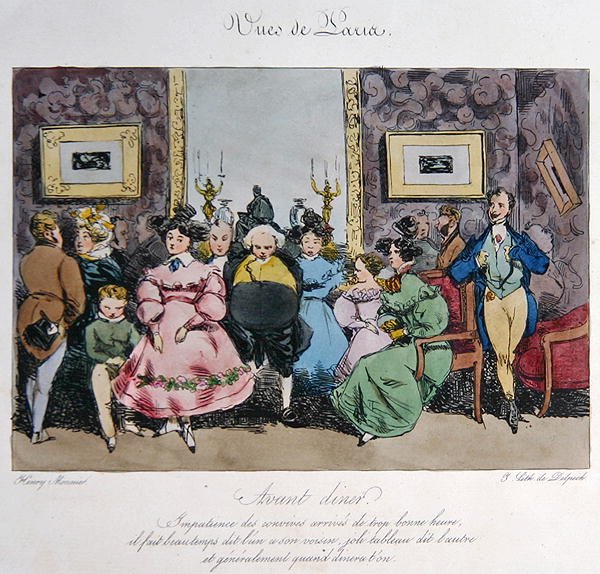 Représentation humoristique du comportement et de la conversation des invités avant le dîner, gravée par François Séraphin Delpech (1778-1825) - Henri Bonaventure (after) Monnier