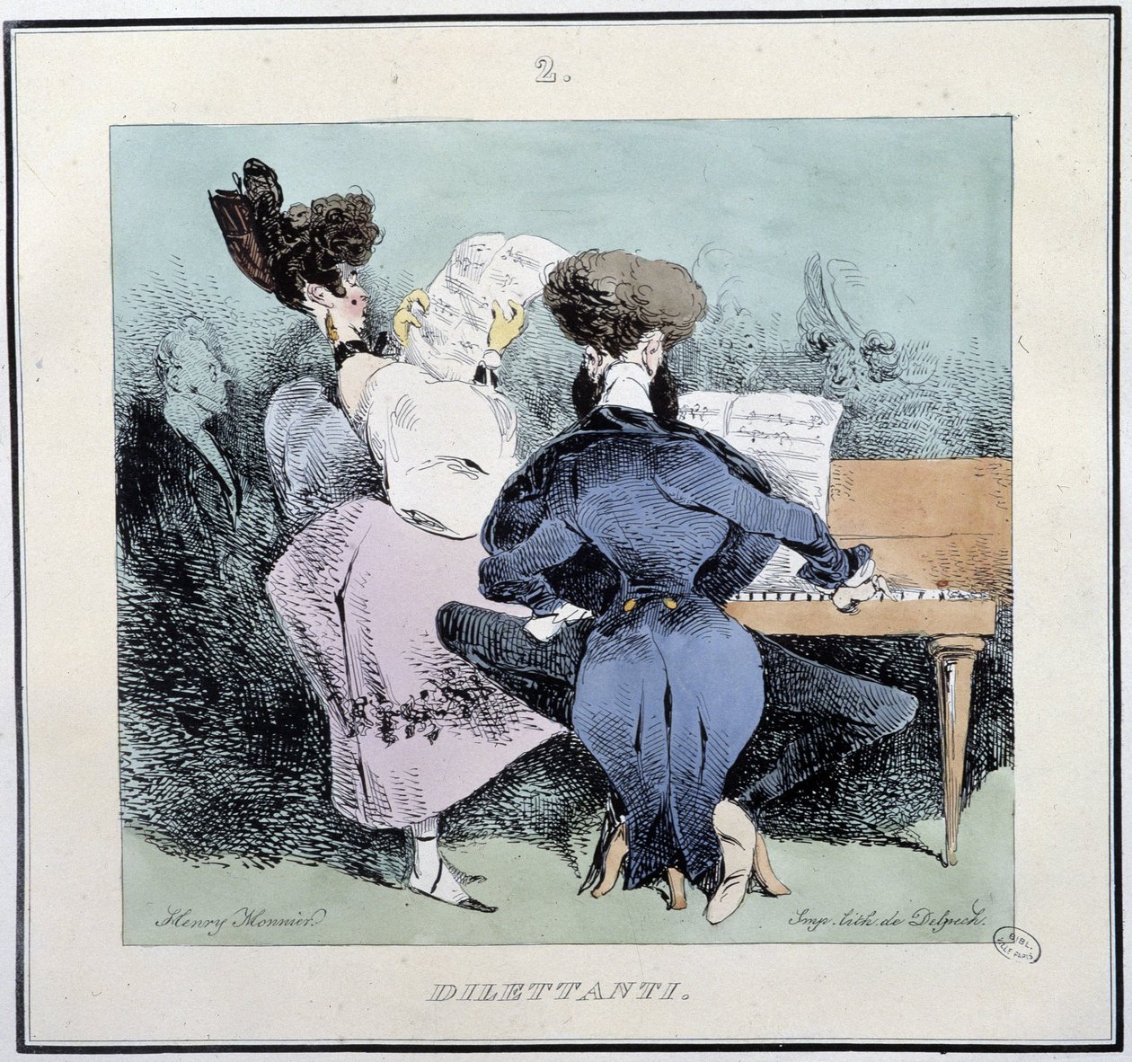 Dilettantes (jeunes gens au chant et au piano) - dans « Esquisses parisiennes » par Henri Monnier, éd. Delpech, Paris - Henri Bonaventure Monnier