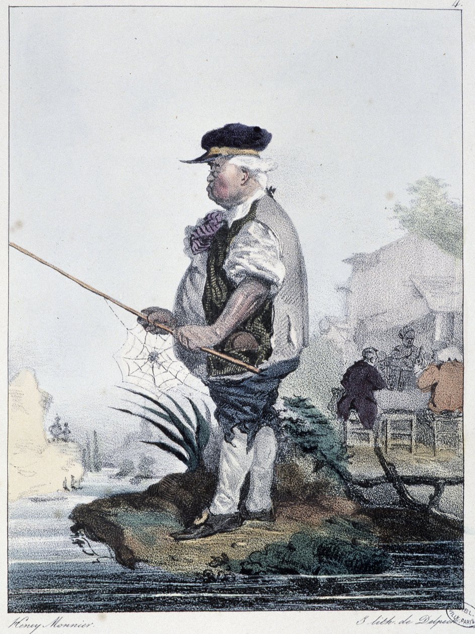 Homme pêchant: "Chacun prend son plaisir où il le trouve" - dans "Les passe-temps" par Henri Monnier, éd. Delpech, Paris - Henri Bonaventure Monnier
