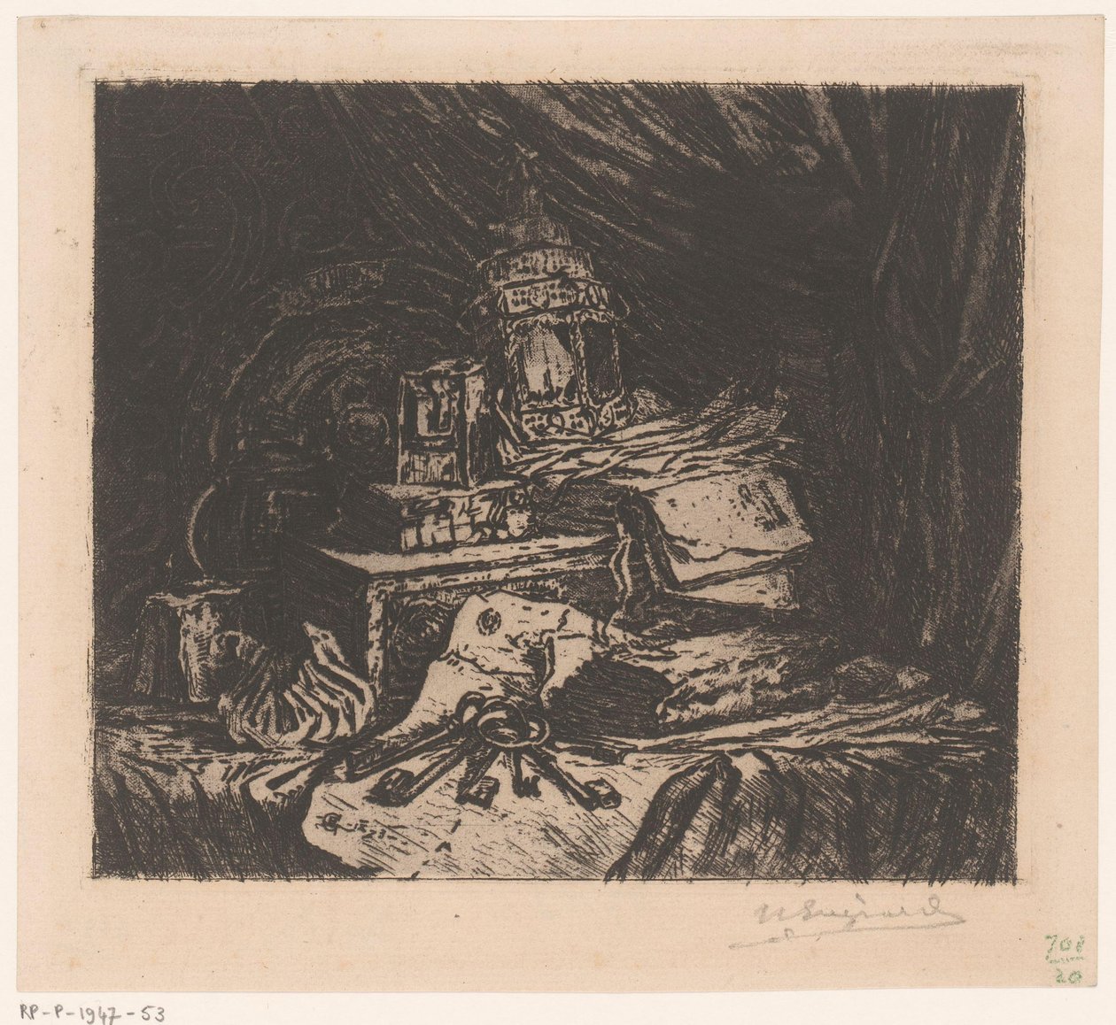 Nature morte avec clés et lanterne - Henri Charles Guérard (signed by artist)
