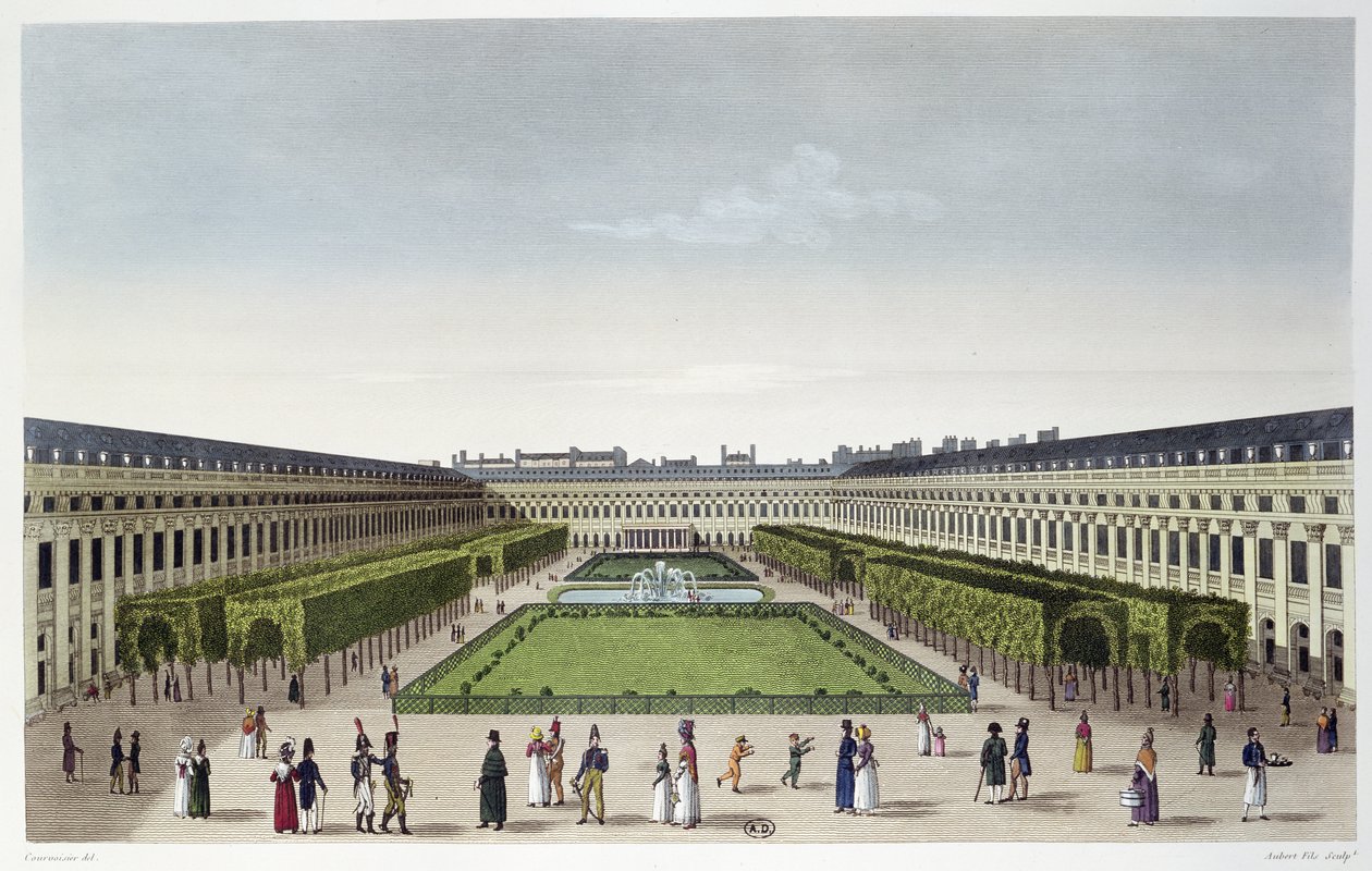 Vue des jardins du Palais Royal, vue des Galeries de Bois, gravée par Aubert Fils, vers 1815-20 - Henri Courvoisier Voisin