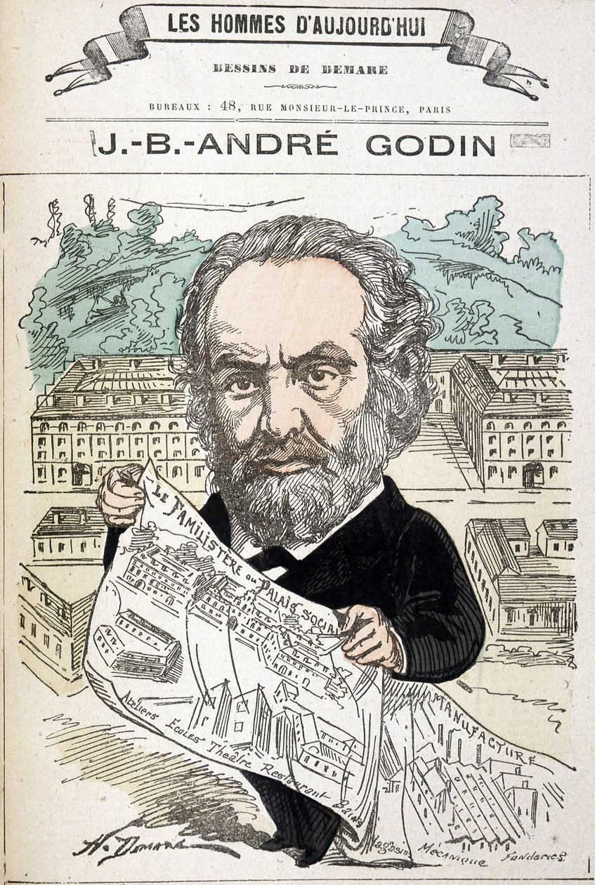 Jean Baptiste André Godin (1817-1888), industriel fondateur de la famille. Dessin de Demare dans « Les hommes d