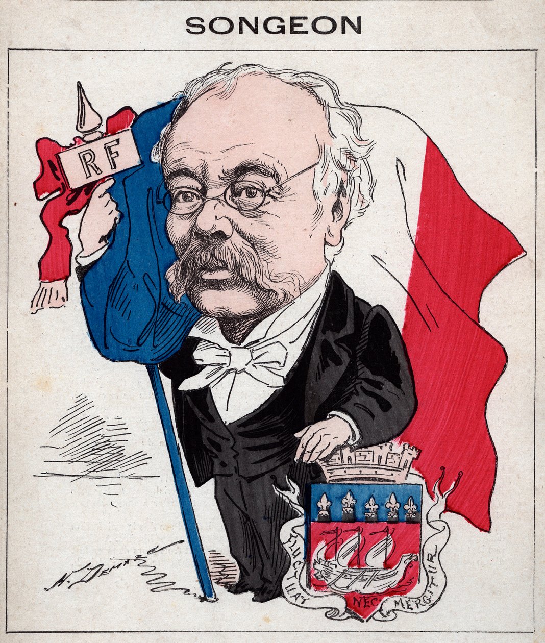 Portrait de Jacques Songeon, ancien président du conseil municipal de Paris - caricature par Henri Demare dans « Les Hommes d