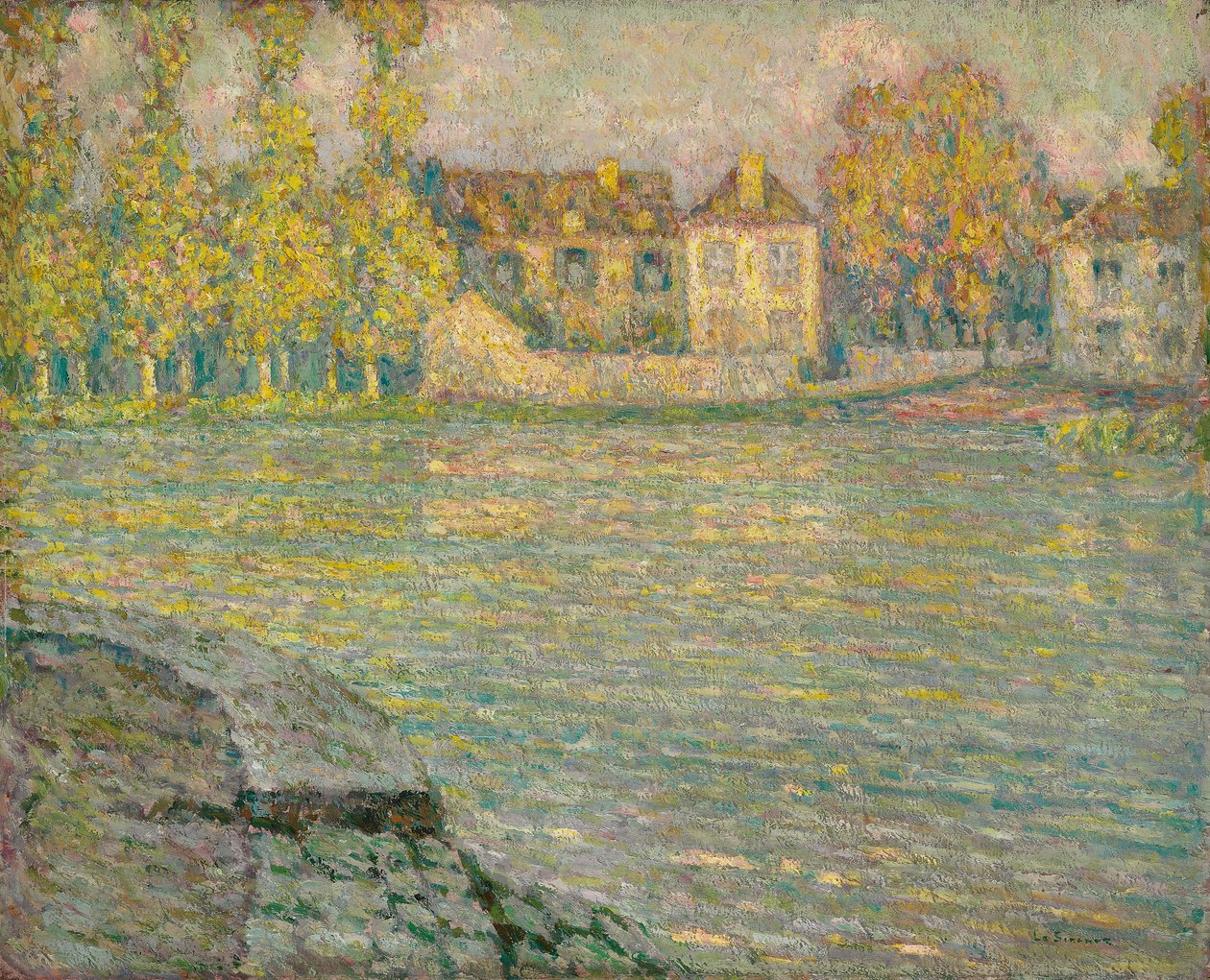 Maisons sur la rivière au soleil couchant, Moret - Henri Eugene Augustin Le Sidaner