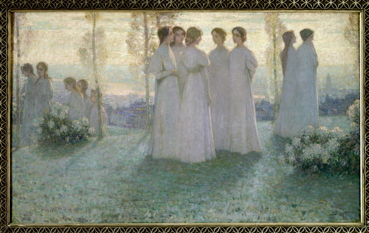 Le dimanche, femme vêtue de blanc parlant dans un jardin. Peinture de Henri Eugène Le Sidaner (1862-1939) - Henri Eugene Augustin Le Sidaner