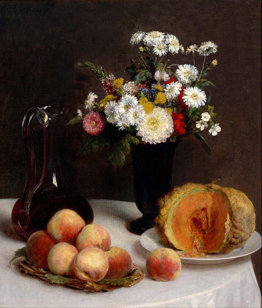Nature morte avec des fleurs, des fruits et des récipients de vin. - Henri Fantin-Latour