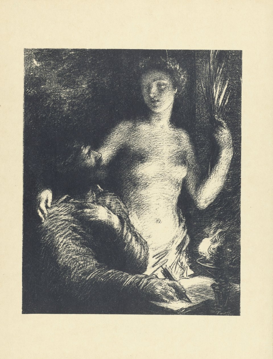 Homme assis avec un stylo à la main et un livre ouvert, et à côté de lui une femme nue comme muse ou inspiration (Inspiration) (série L