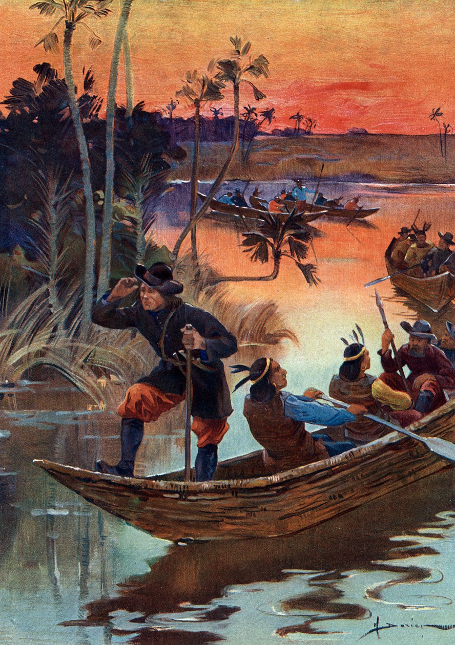 René Robert Cavelier de La Salle (1643-1687), explorateur français et ses compagnons descendant le fleuve Mississippi pour la France - Henri Gaston Darien