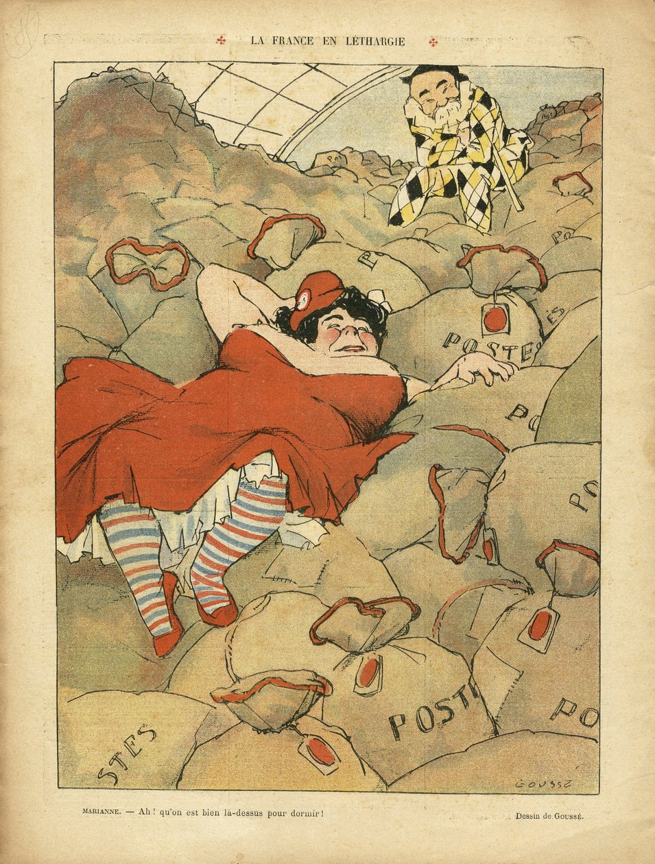 Illustration de Henri Gousse (1872-1914) dans Le Rire, 03/04/09 - La France en léthargie - Social, Grève, Courrier La Poste Postal - Clemenceau George, Marianne - Henri Gousse