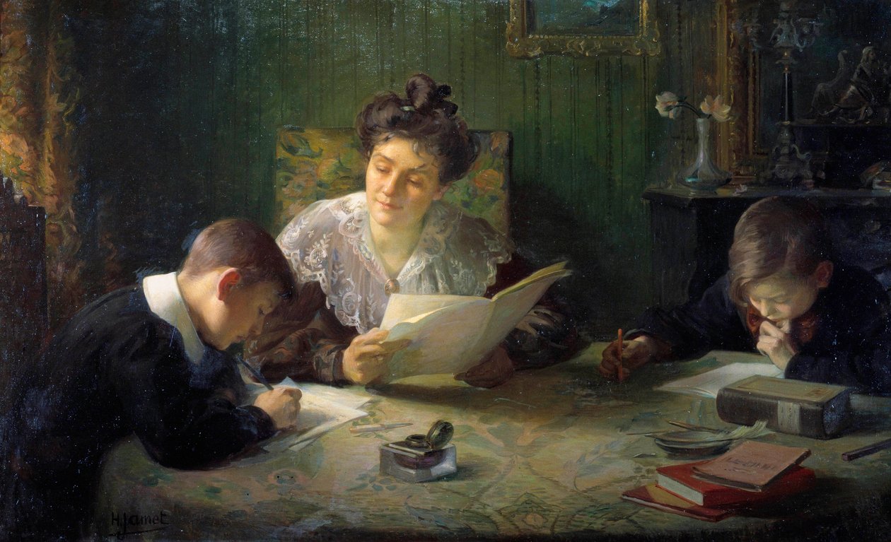 Devoirs Une mère aide ses enfants à faire leurs devoirs - Henri Jamet