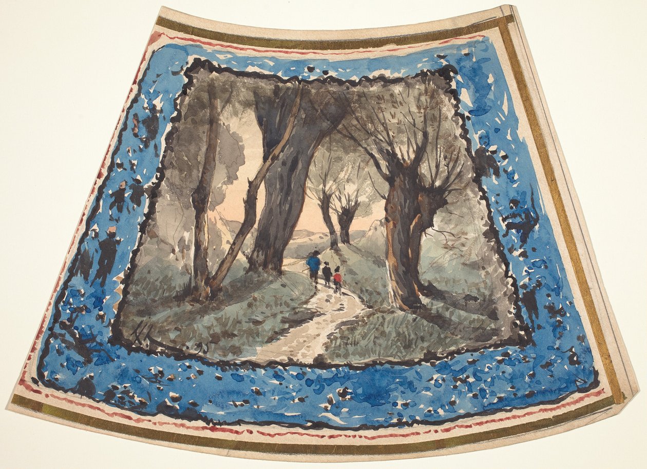 Voyageurs sur un chemin boisé avec une bordure de figures fantaisistes et de singes - Henri Joseph Harpignies
