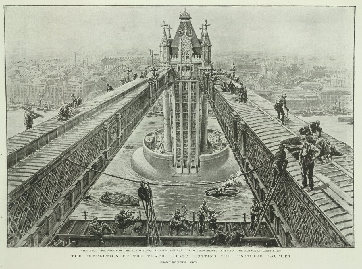 La finition du Tower Bridge : les dernières touches, de The Graphic, 23 juin 1894 (gravure) - Henri Lanos