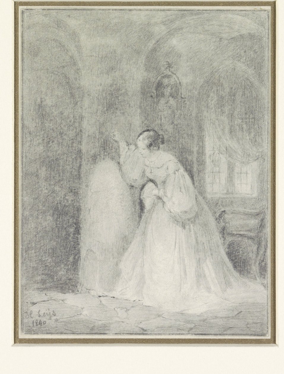 Intérieur avec jeune femme appuyée contre une colonne - Henri Leys (baron)