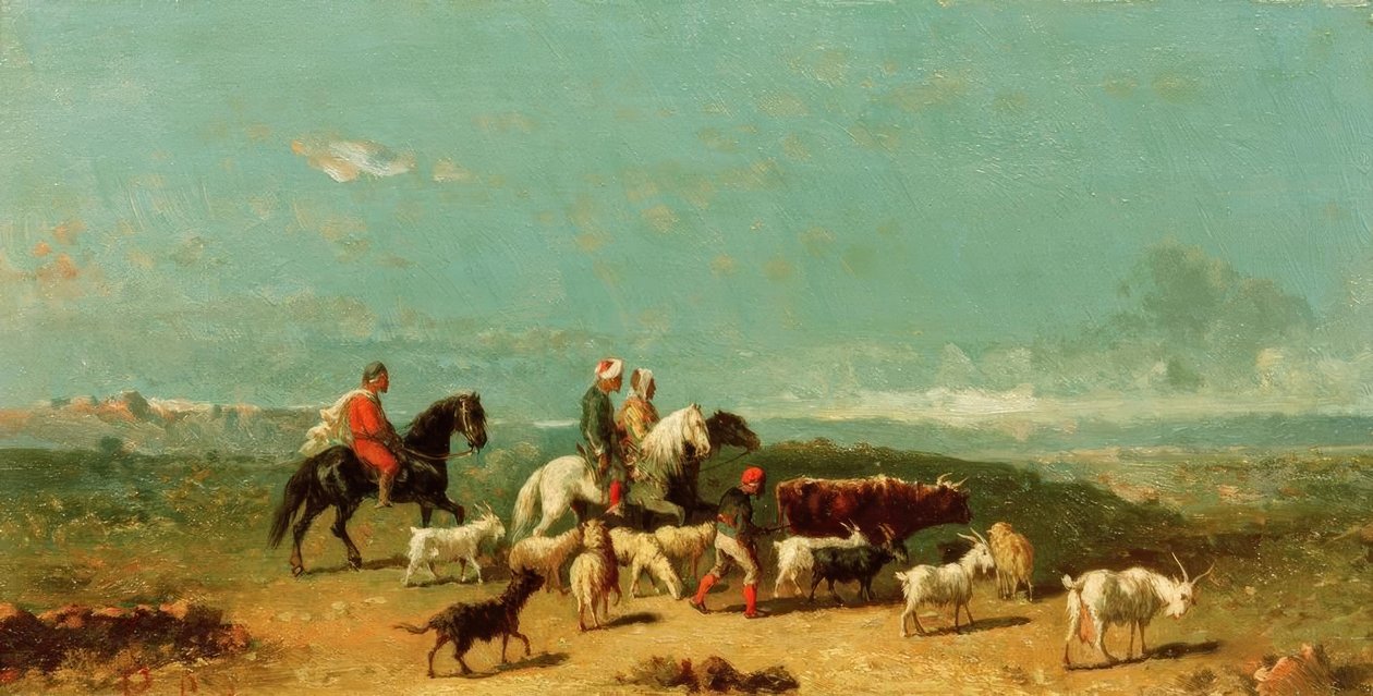Groupe de cavaliers arabes avec un berger de chèvres dans une vaste plaine - Henri Lucien Robert