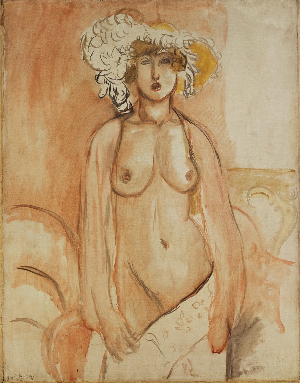 Antoinette debout, torse nu, coiffée d