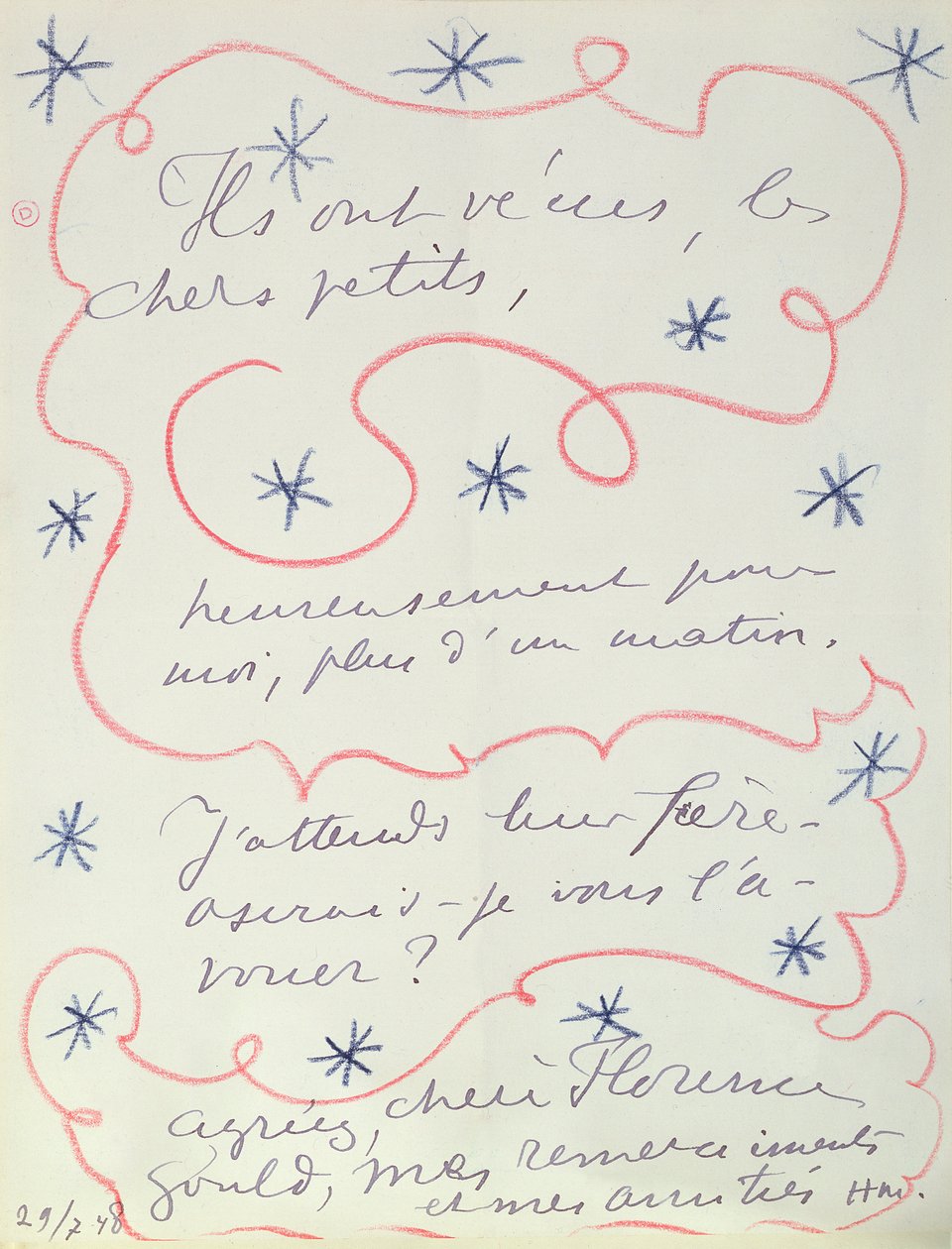 Lettre du peintre à Florence Gould (née en 1895), 29 juillet 1948 (plume et crayon sur papier) - Henri Matisse