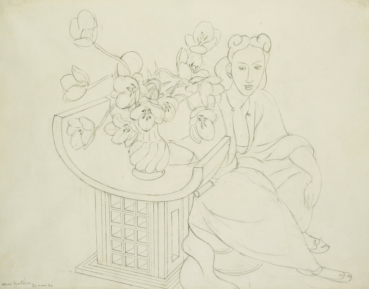 Femme assise avec un vase de tulipes - Henri Matisse