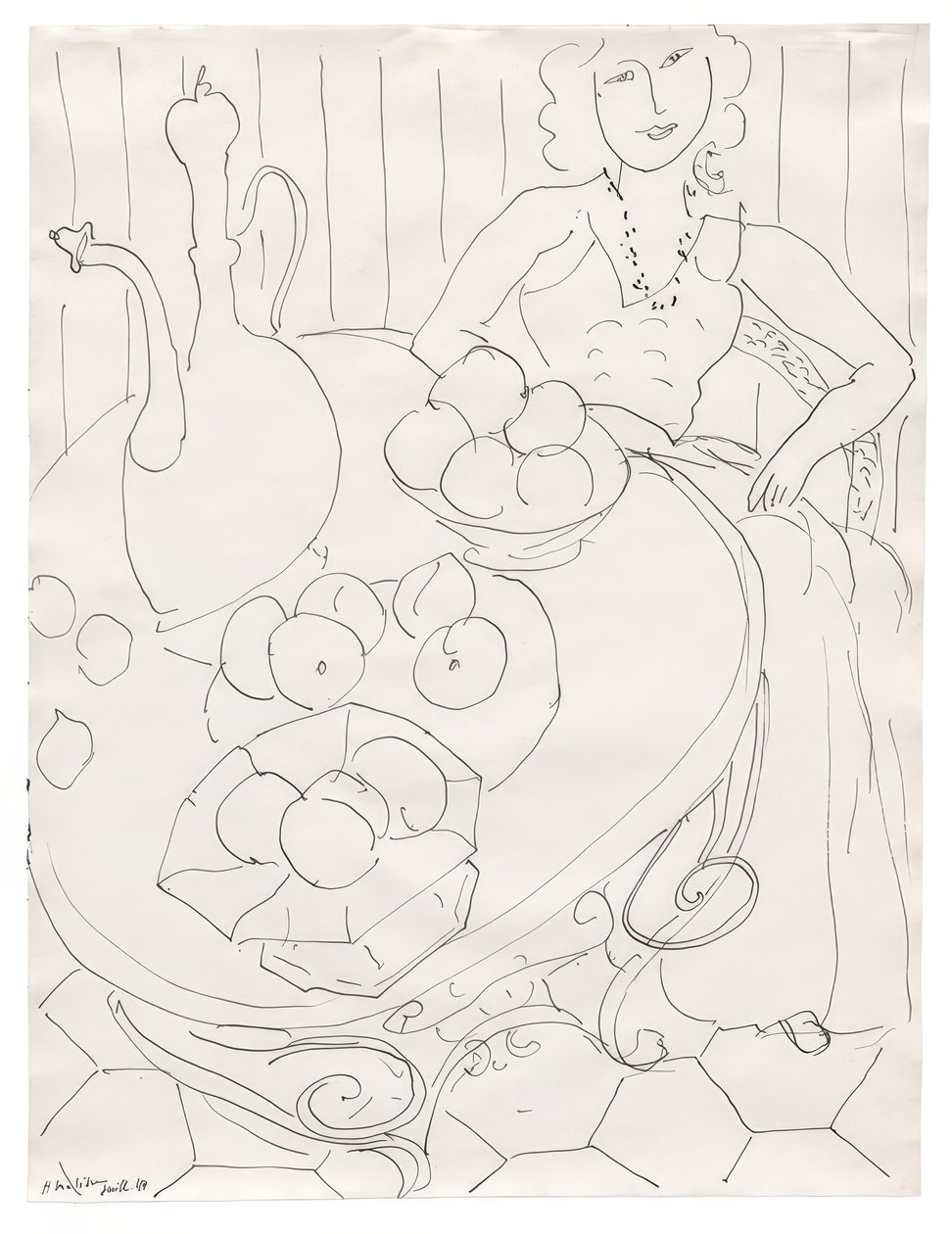 Femme assise à une table avec des fruits et une cruche - Henri Matisse