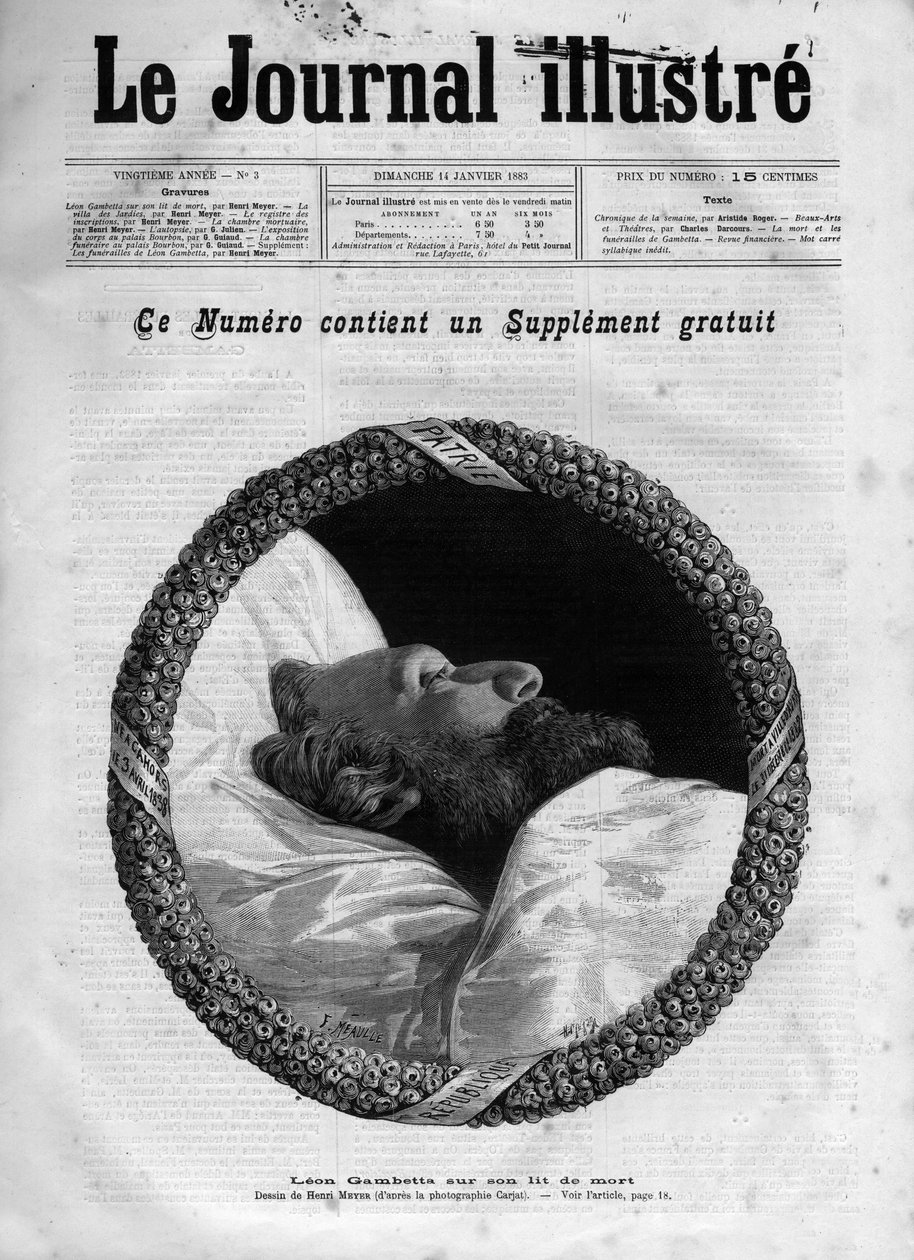 Mort de Léon Gambetta (1838-1882) homme politique français - Léon Gambetta sur son lit de mort dans "Le journal illustré" de 1883 - Dessin de Henri Meyer (1844-1899) - Henri Meyer