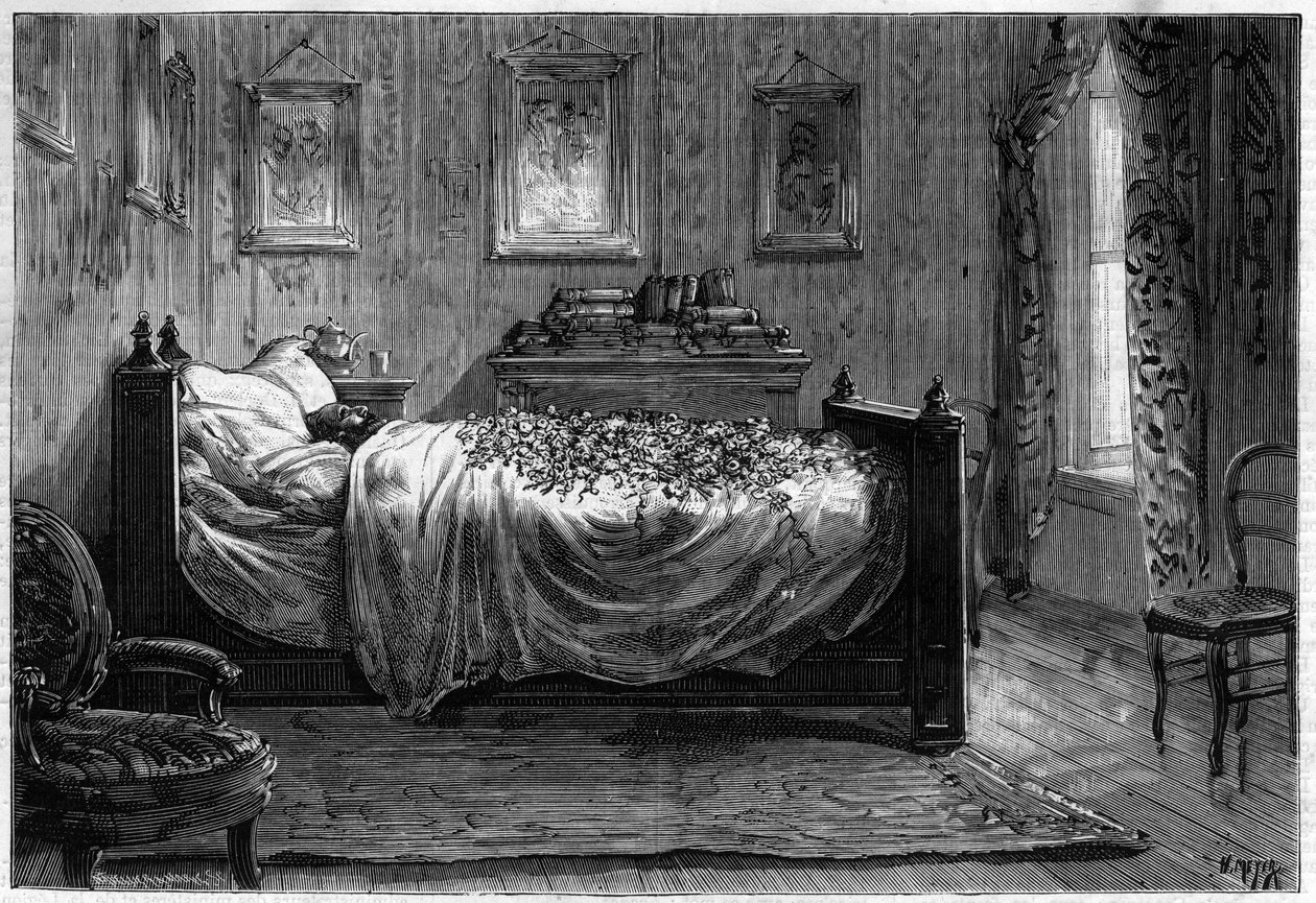 Mort de Léon Gambetta (1838-1882) homme politique français - la Chambre mortuaire - dans « Le Journal Illustré » de 1883 - Dessin de Henri Meyer (1844-1899) - Henri Meyer