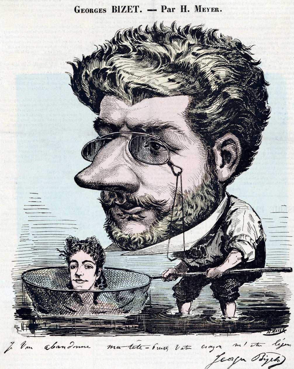 Georges Bizet (1838-1875), compositeur français - Caricature avec autographe de Bizet, par Henri Meyer dit Reyem (1844-1899) pour Diogène - Henri Meyer