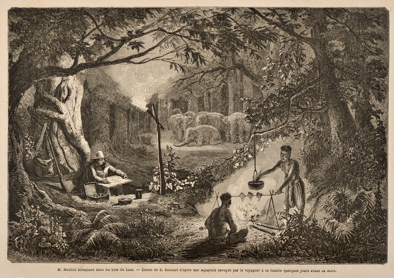 Henri Mouhot campant dans les jungles du Laos, illustration de 
