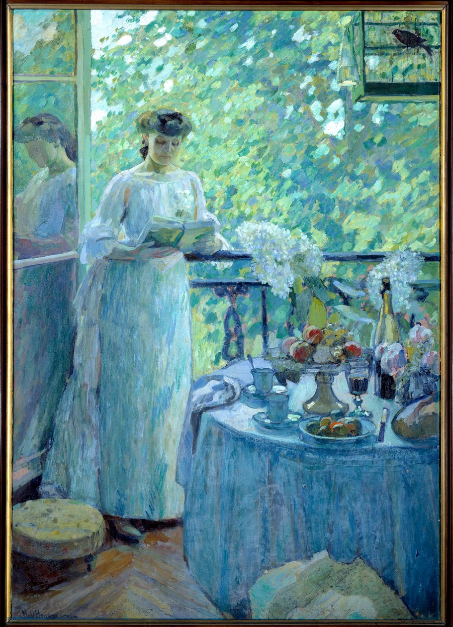 Madame O. sur le balcon. Une jeune femme lit un livre dans un intérieur bourgeois, la table est dressée pour le petit-déjeuner. Peinture de Henry Ottmann - Henri Ottmann