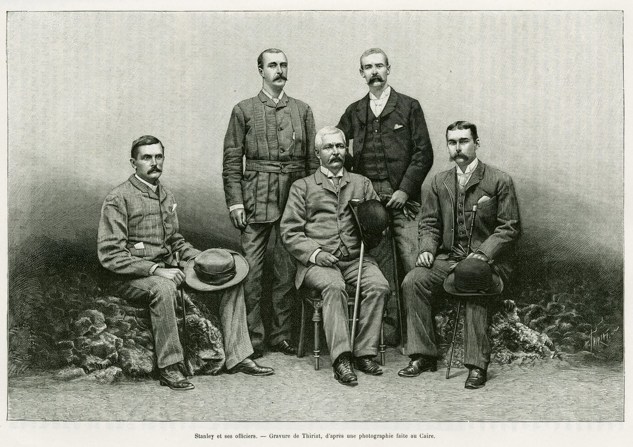 Portrait de Henry Morton Stanley (John Rowlands 1841-1904) entouré de ses officiers de gauche à droite : Dr. Thomas Heazle Parke (1857-93), Robert H. Nelson, William G. Stairs, et Arthur J. M. Jephson. Gravure de Thiriat, pour illustrer l