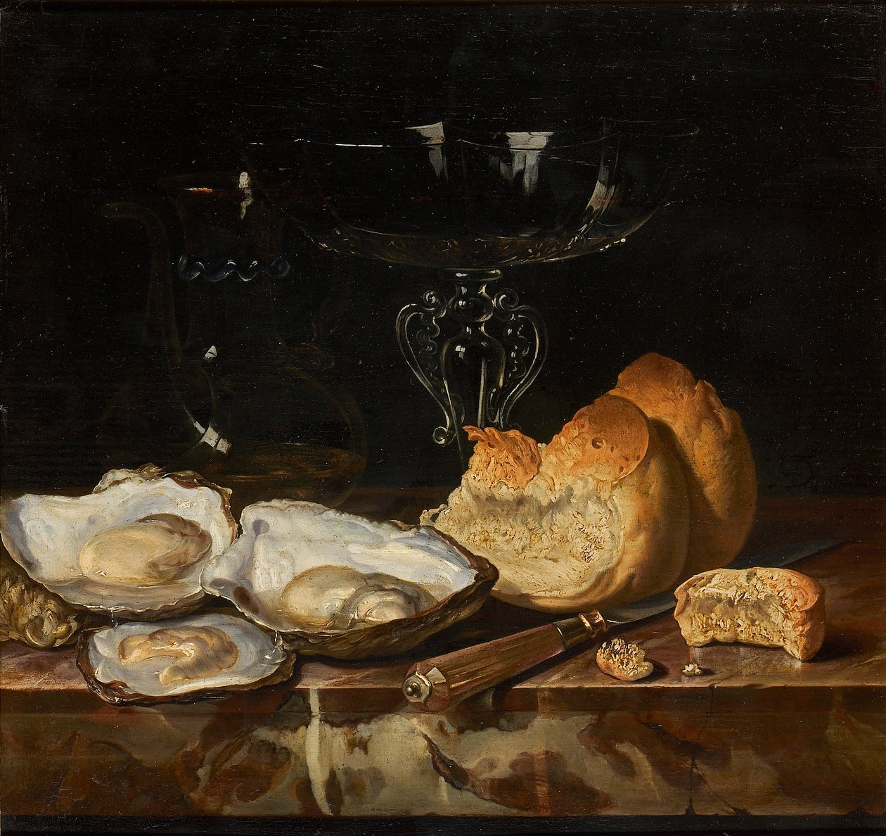 Nature morte avec huîtres, pain et verre de vin vénitien, 1661 - Henri de Fromantiou