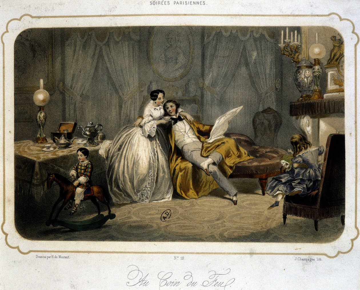 Famille bourgeoise se reposant dans le salon - lithographie, vers 1820 - Henri de Montaut