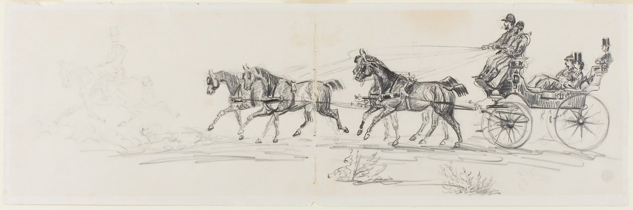 Carrosse tiré par des chevaux précédé d