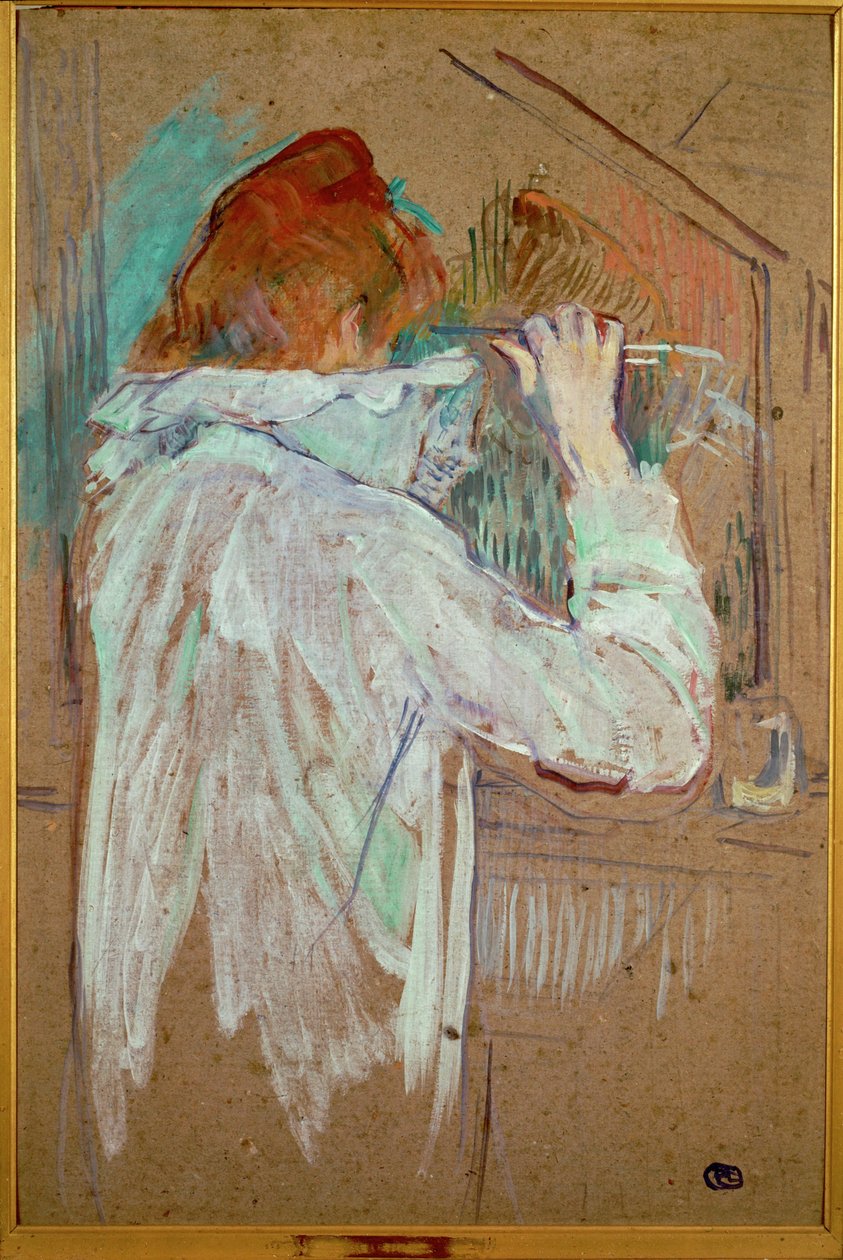 Femme se bouclant les cheveux (peinture sur toile) - Henri de Toulouse-Lautrec