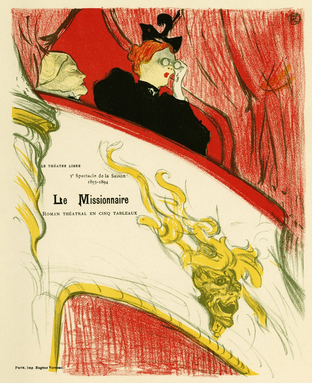 Une femme dans une loge de théâtre utilisant une paire de jumelles. Affiche pour Le Missionnaire, pièce de Marcel Luguet, représentée en 1893 au Théâtre Libre créé en 1887 par André Antoine (1858-1943), Illustration en lithographie par Henri de Toulouse-La - Henri de Toulouse Lautrec