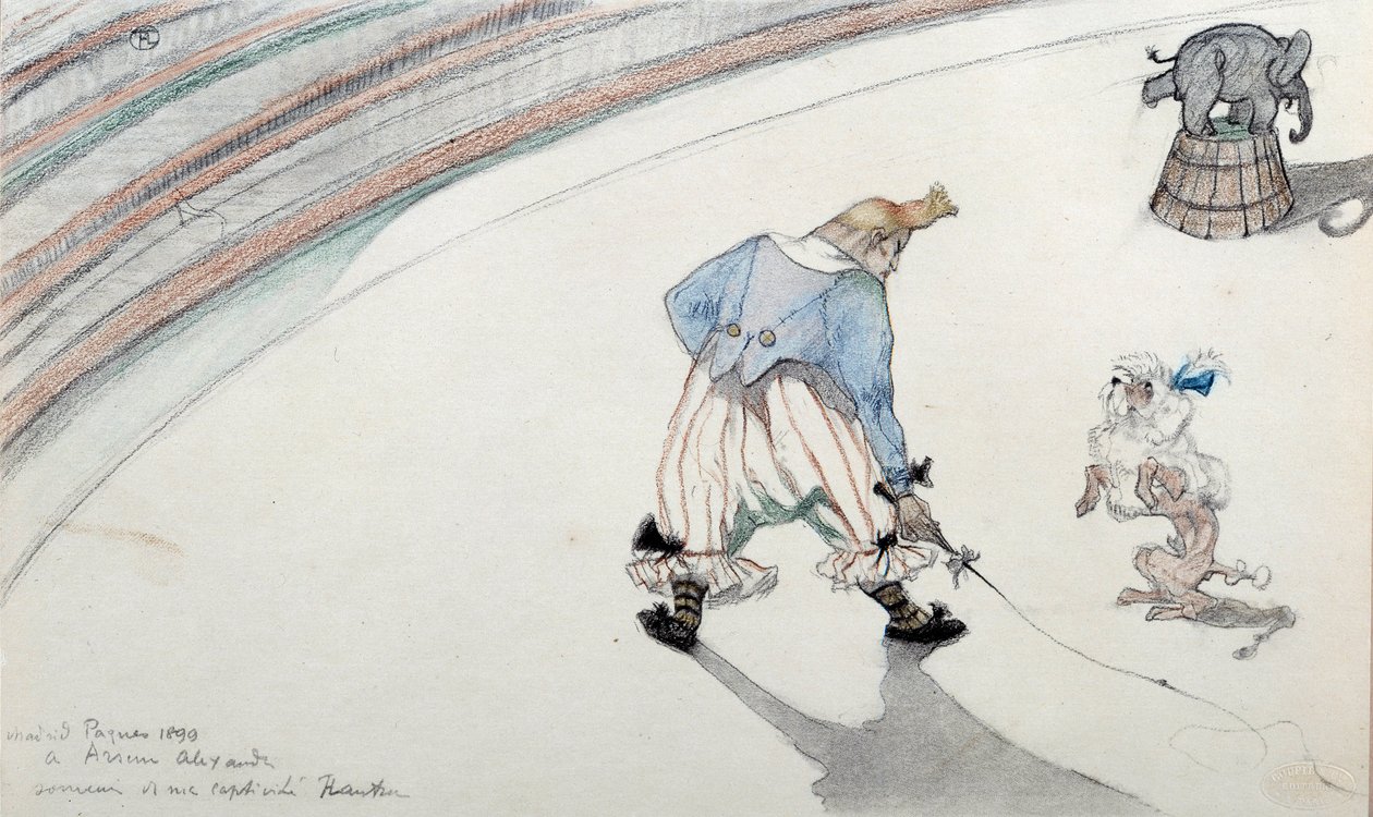 Scène de cirque : dressage. Un clown avec un chien savant et un éléphant acrobatique. Dessin de Henri de Toulouse-Lautrec (1864-1901) 19ème siècle Albi, Musée de Toulouse-Lautrec - Henri de Toulouse Lautrec