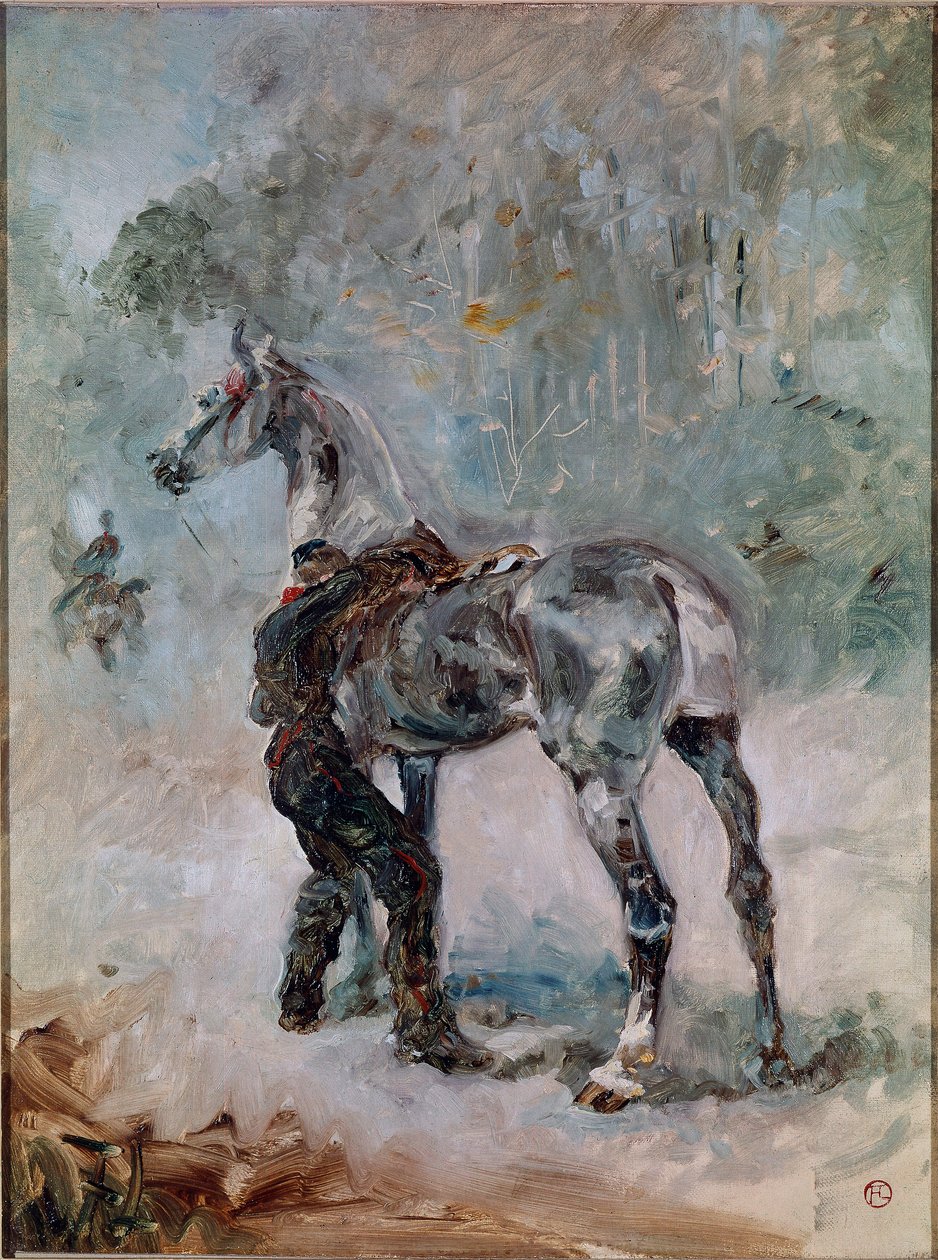Artilleur sellant son cheval. Peinture de Henri de Toulouse-Lautrec - Henri de Toulouse Lautrec