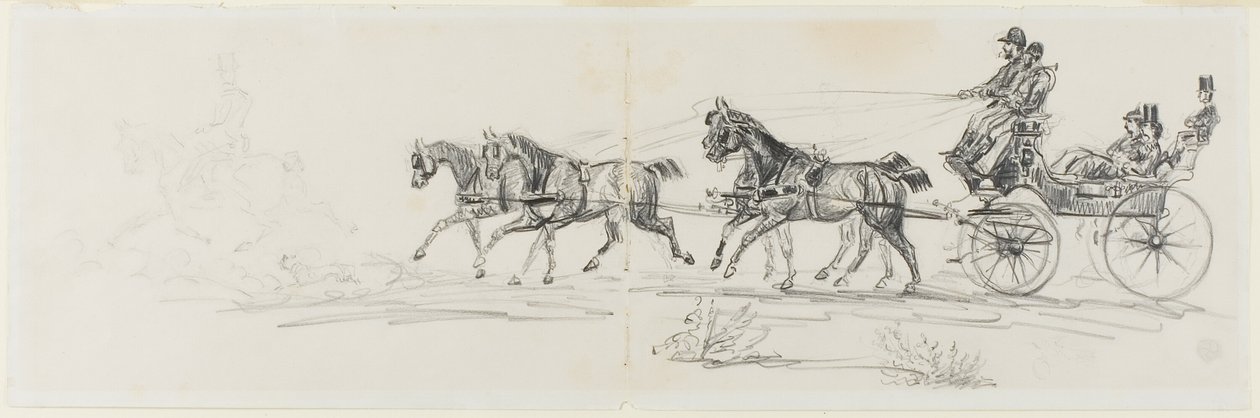 Carrosse tiré par des chevaux précédé d