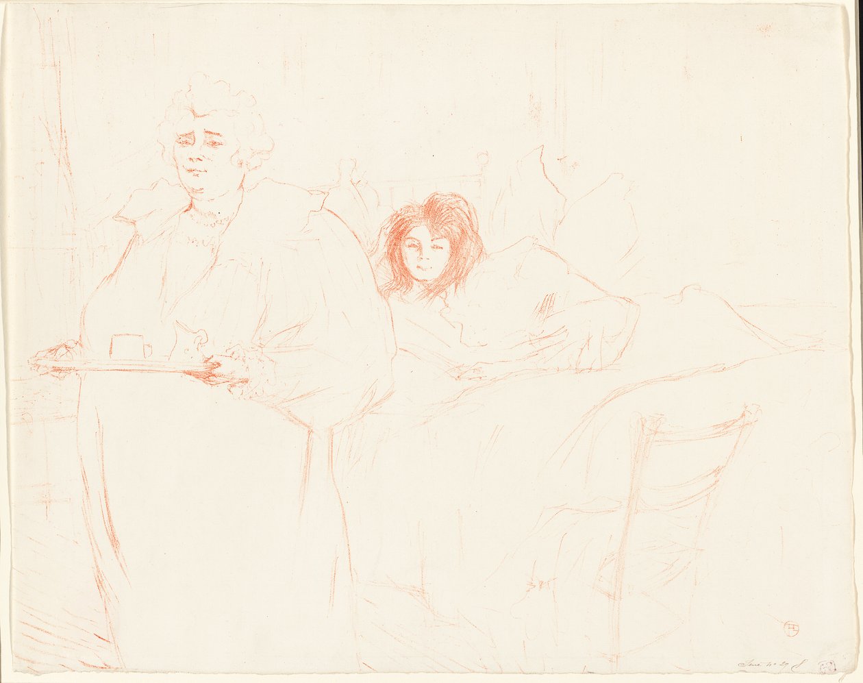 Femme avec un Plateau—Petit Déjeuner (Madame Baron et Mademoiselle Popo), deuxième planche de Elles - Henri de Toulouse Lautrec