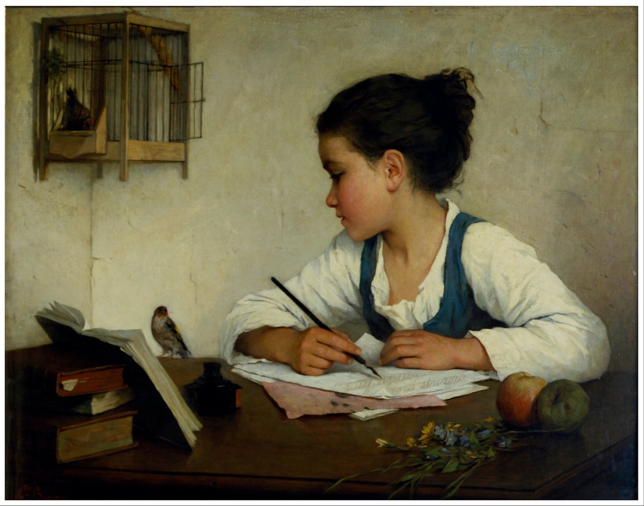 Une fille écrivant; Le chardonneret - Henriette Browne