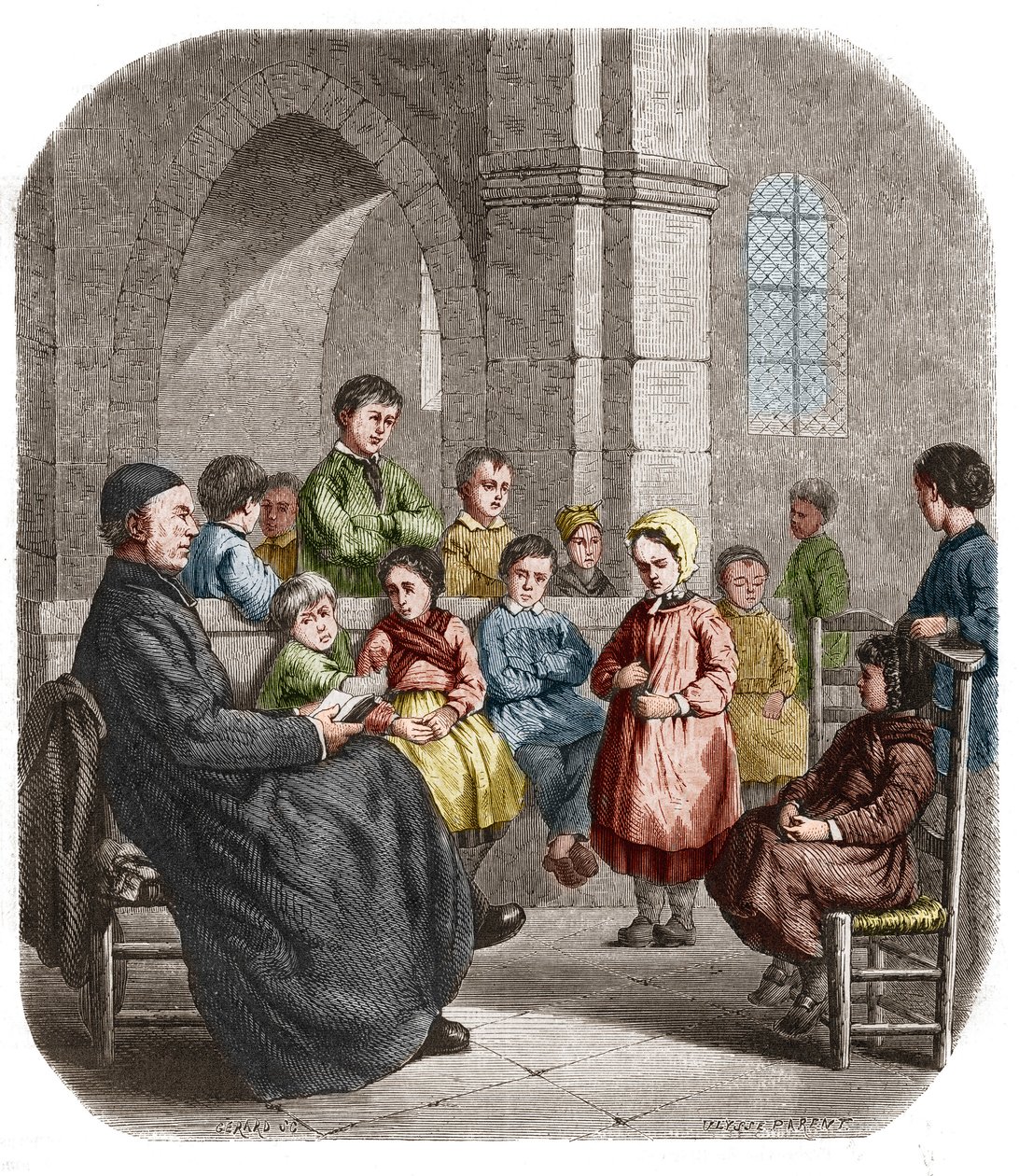 Le catéchisme, gravure de 1860 d
