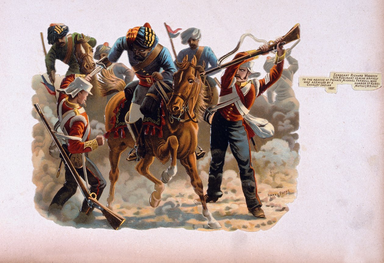 Le sergent Richard Wadeson, 75e régiment, venant bravement au secours du soldat Michael Farrell assailli par un nombre de cavaliers rebelles, révolte indienne, 18 juillet 1857, d